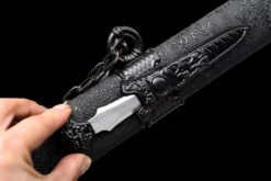 iron lock kunwu black manganese steel tang dao dragon head pommel leather saya battle ready 05