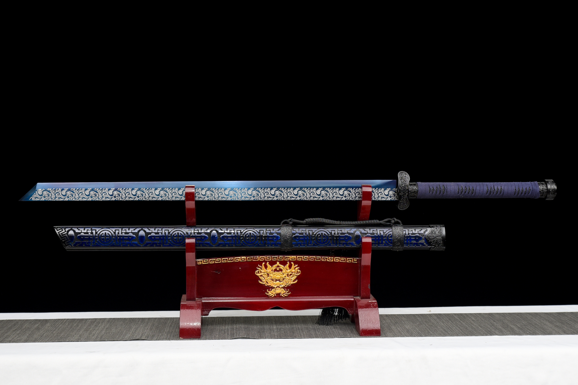 qian mo blue roasted manganese steel tang dao silver etched motif hand carved saya 01