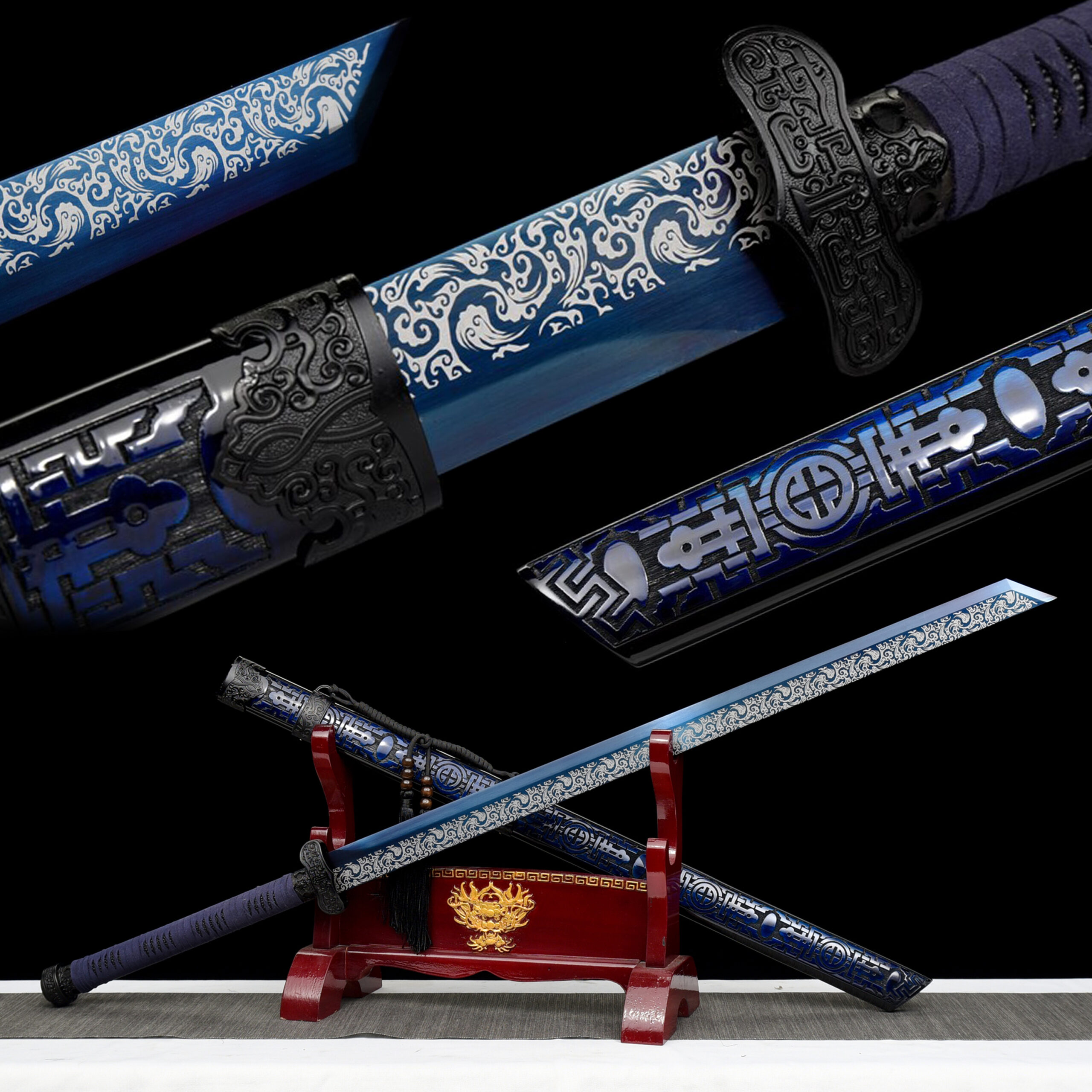 qian mo blue roasted manganese steel tang dao silver etched motif hand carved saya main