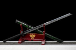 qian mo ii black and gold high manganese steel katana roasted blue etched blade carved lacquer saya 01