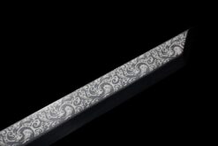qian mo ii black and gold high manganese steel katana roasted blue etched blade carved lacquer saya 08