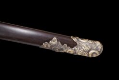 the god slayer twisted damascus steel tang dao ebony wood copper dragon motif battle ready 08