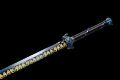 the revenant roasted blue high manganese steel katana gold etched skull motif battle ready 12