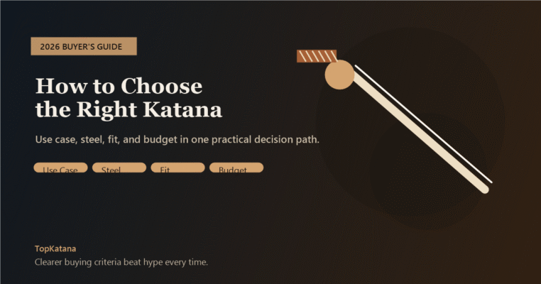 A buyer-focused katana guide cover showing use case, steel, fit, and budget as the four decision points.