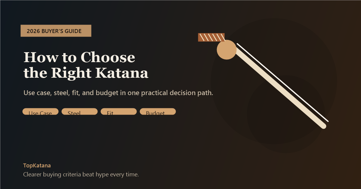 A buyer-focused katana guide cover showing use case, steel, fit, and budget as the four decision points.