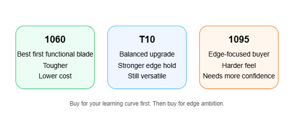 Decision matrix showing 1060 as the strongest beginner choice, T10 as a balanced upgrade, and 1095 as the more demanding edge-focused option.