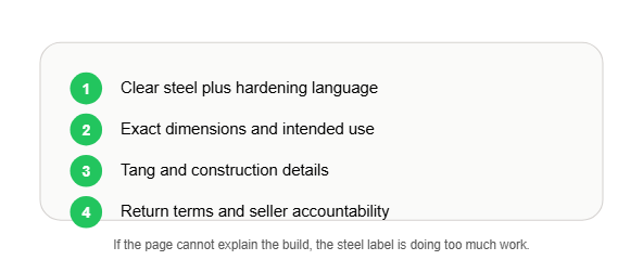 Checklist showing what to verify on a katana product page, including steel, heat treatment language, dimensions, and return policy.