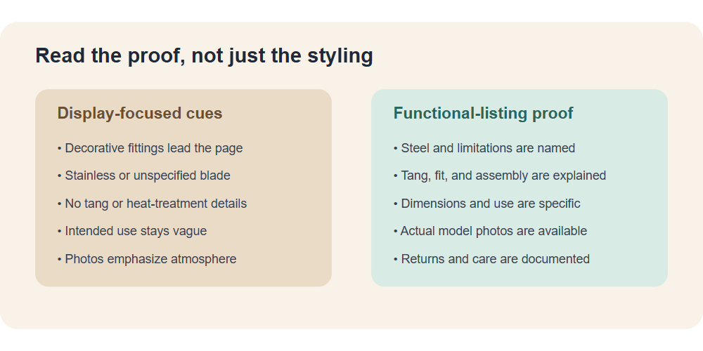 A comparison graphic showing display-focused cues on one side and functional-listing proof on the other.