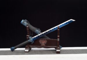 ying lou studio high manganese steel tang dao electric blue blade dragon leather saya 01