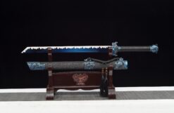ying lou studio high manganese steel tang dao electric blue blade dragon leather saya 02
