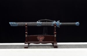 ying lou studio high manganese steel tang dao electric blue blade dragon leather saya 03