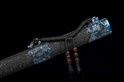 ying lou studio high manganese steel tang dao electric blue blade dragon leather saya 05