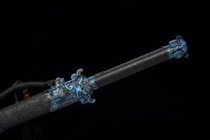 ying lou studio high manganese steel tang dao electric blue blade dragon leather saya 07