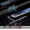 ying lou studio high manganese steel tang dao electric blue blade dragon leather saya main