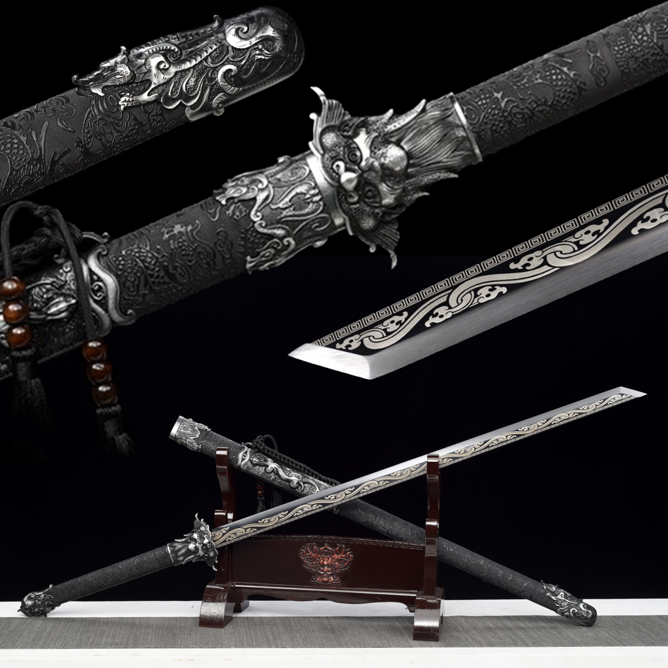 The Night Stalker high manganese steel katana with black etched blade and leather-wrapped scabbard