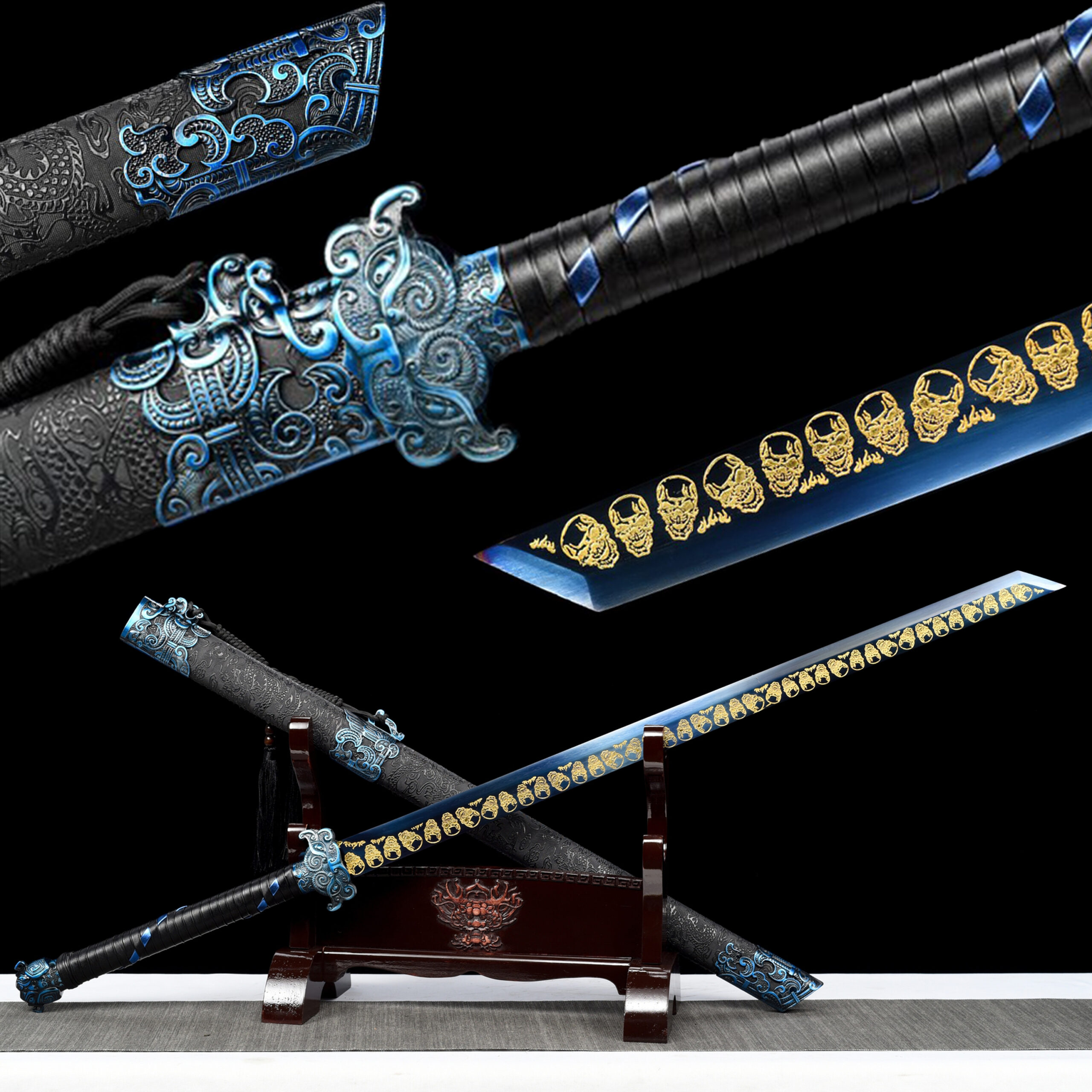The Revenant roasted-blue high manganese steel katana with gold etched motif and dragon-patterned scabbard