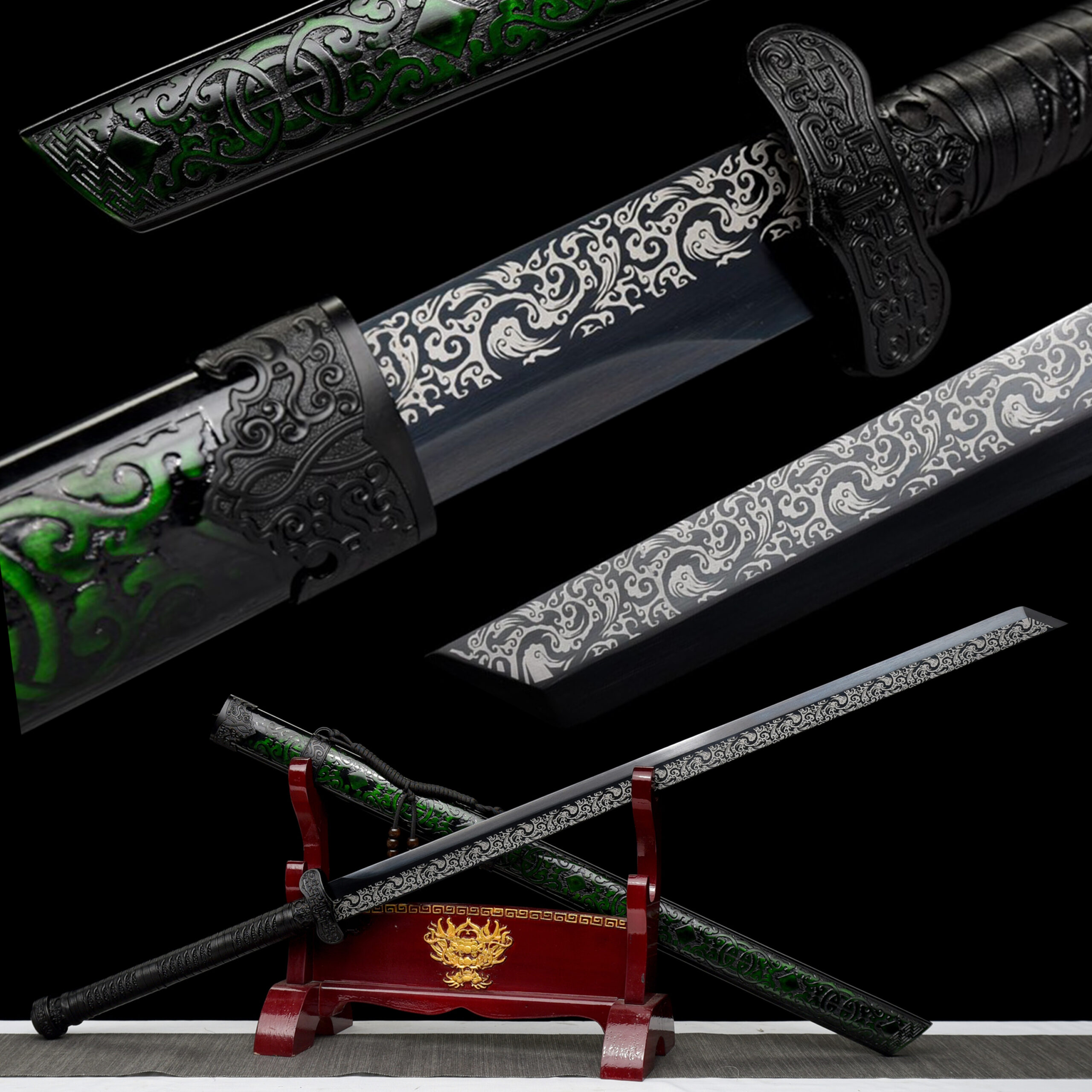 Qian Mo II black and gold high manganese steel katana with roasted-blue etched blade and carved lacquer scabbard