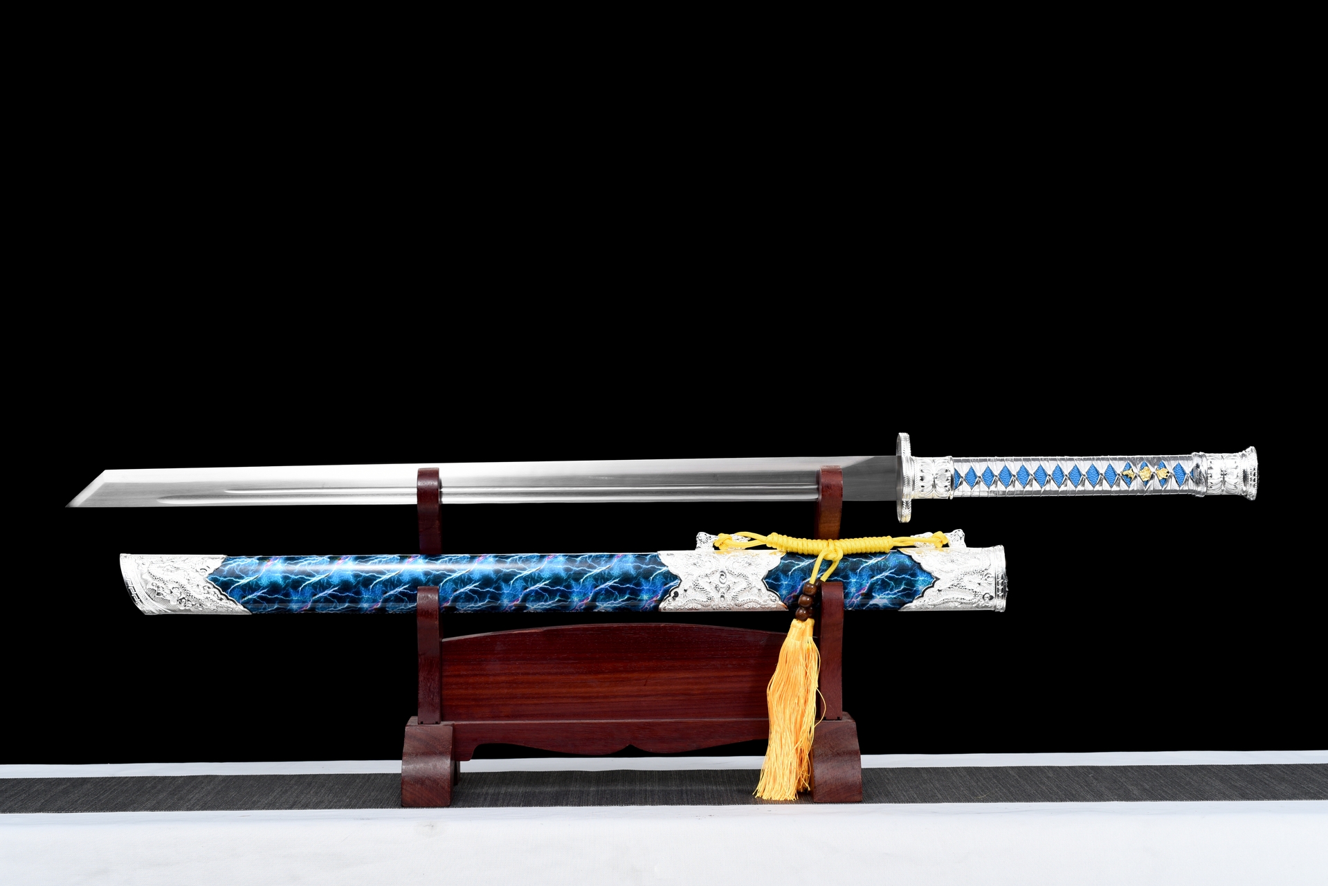 meteor lightning high manganese steel tang dao blue scabbard dragon fittings 02