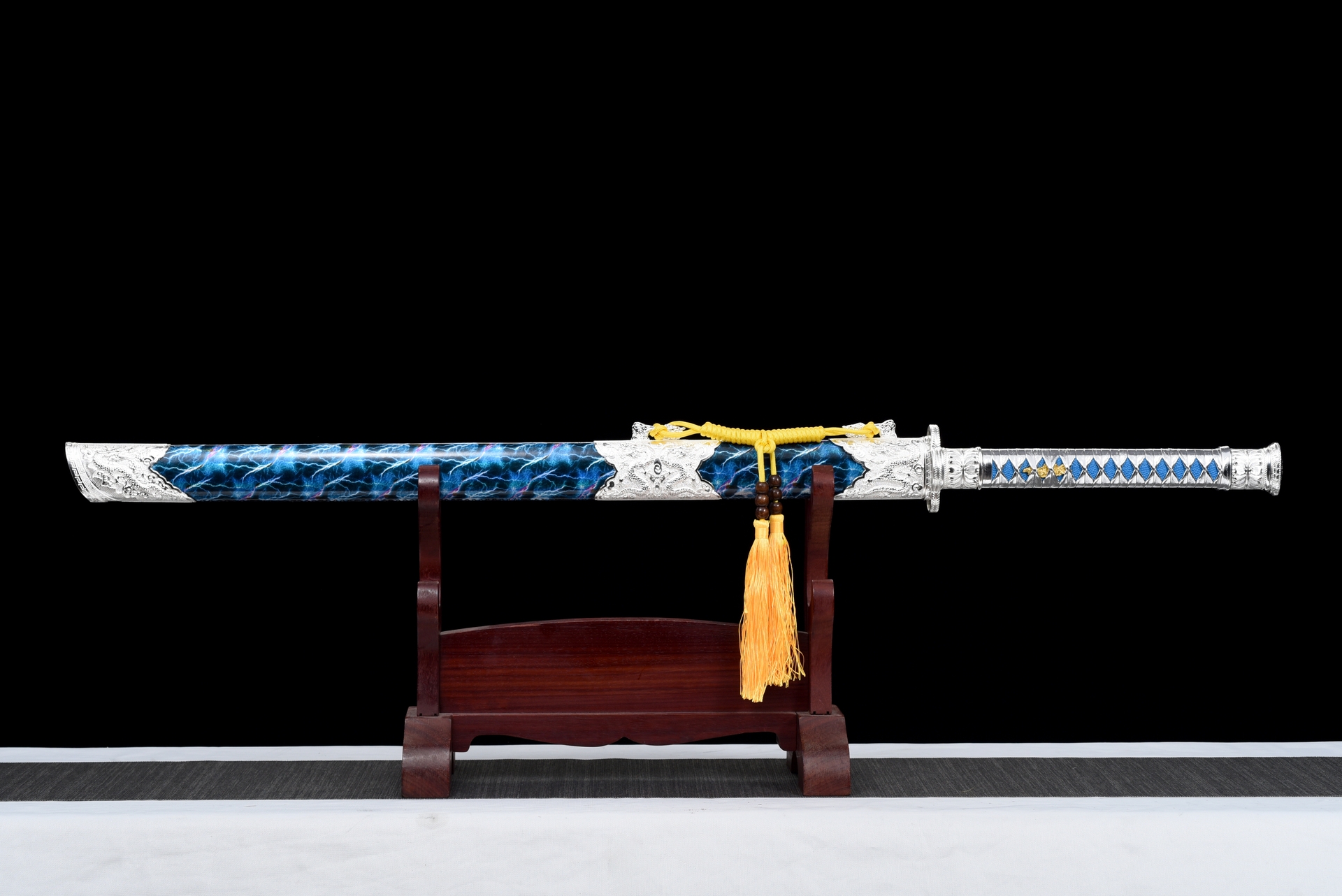meteor lightning high manganese steel tang dao blue scabbard dragon fittings 03