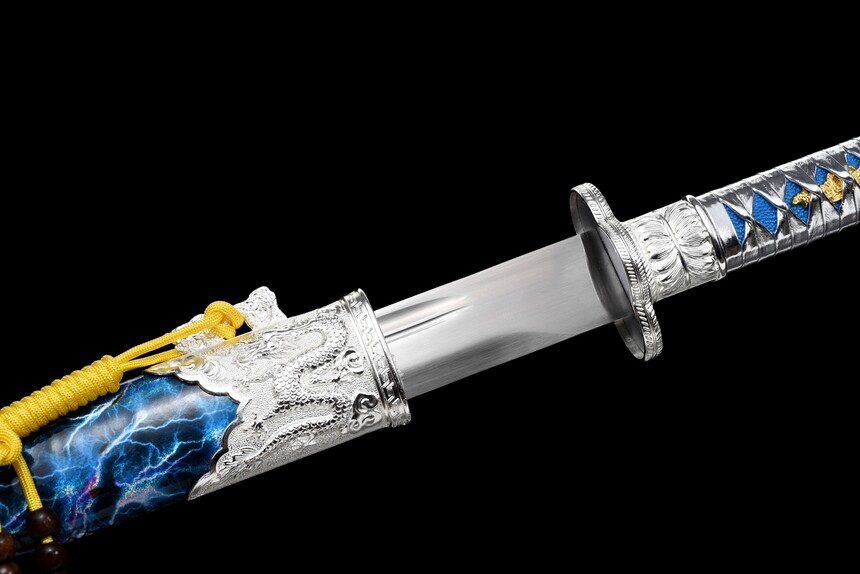 meteor lightning high manganese steel tang dao blue scabbard dragon fittings 05