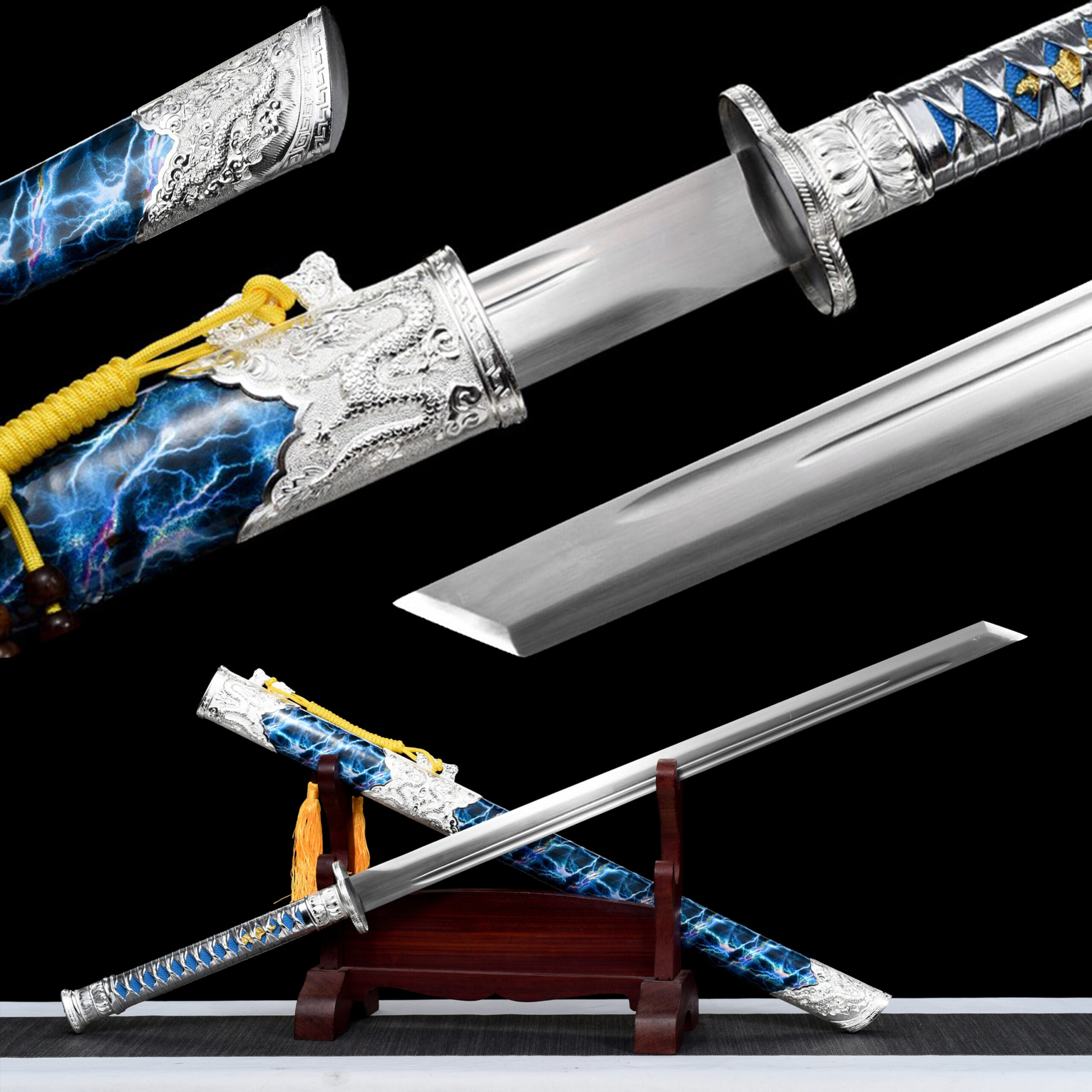 meteor lightning high manganese steel tang dao blue scabbard dragon fittings main